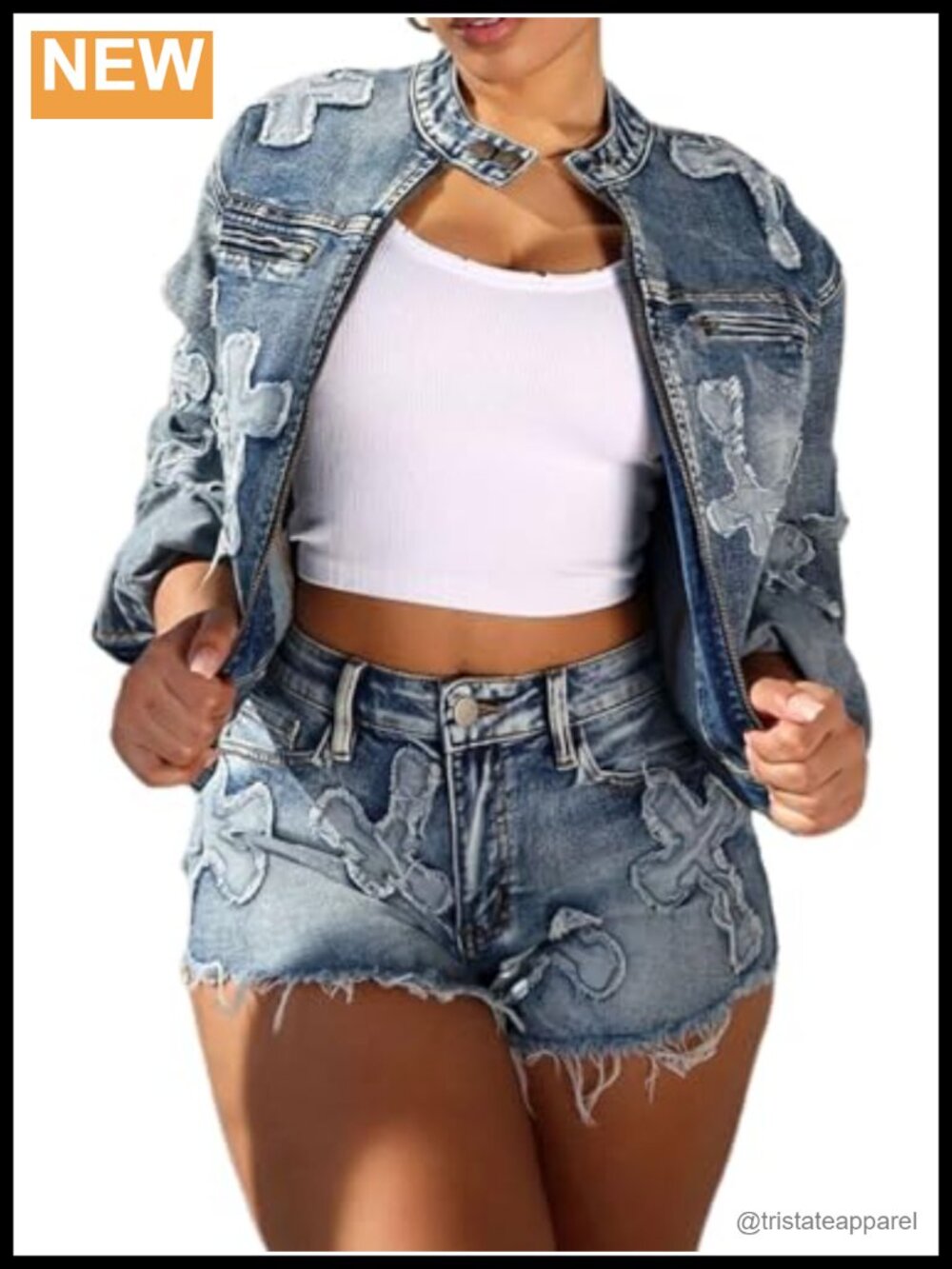 Women 2 Piece Denim Outfit Set Cropped Zip Jacket Skinny Jean Shorts